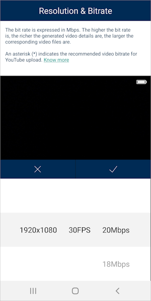 Screenshot of the Resolution & Bitrate setting in VBOX HD Lite Preview App.
