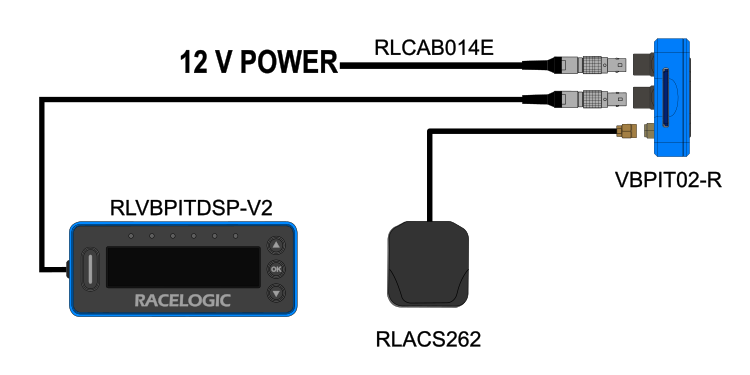 Hardware connections diagram for Pit Lane Timer with Rear Connectors connected to 12V power, GNSS antenna and OLED Pit Display V2.