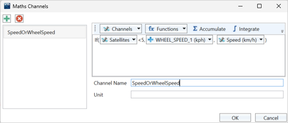 Maths Channels dialogue in VBOX Test Suite showing an expression using an IF statement.