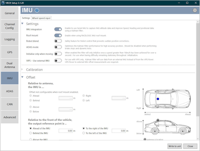 VBOX Setup connected to a dual-antenna VBOX 3i unit with the IMU menu open and IMU Integration enabled. 