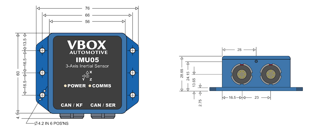 Drawing showing the dimensions of IMU05-S hardware. 