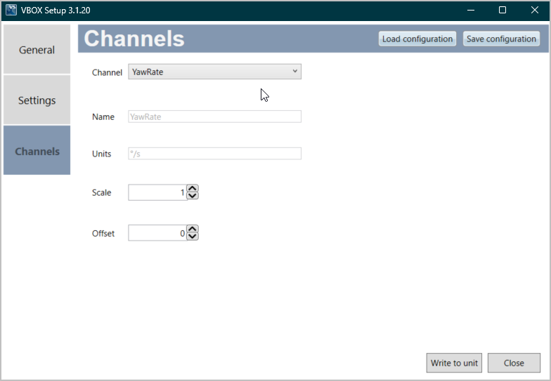 Screenshot of the Channels menu in VBOX Setup when connected to an IMU05 unit and YawRate selected as the Channel.
