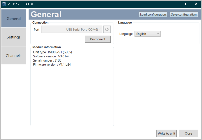 Screenshot of the General Menu in VBOX Setup when connected to an IMU05 as a standalone unit.