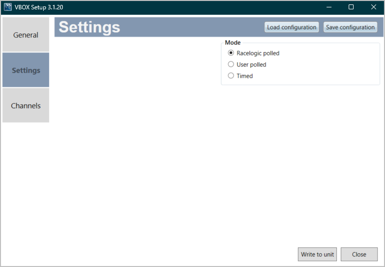 Screenshot of the Settings Menu in VBOX Setup when connected to an IMU05 and Racelogic Polled selected.