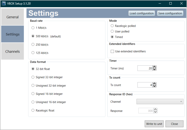 Screenshot of the Settings Menu in VBOX Setup when connected to an IMU05 and Timed selected.