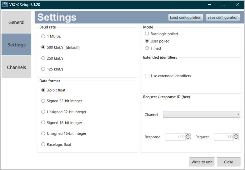 Screenshot of the Settings Menu in VBOX Setup when connected to an IMU05 and User Polled selected.
