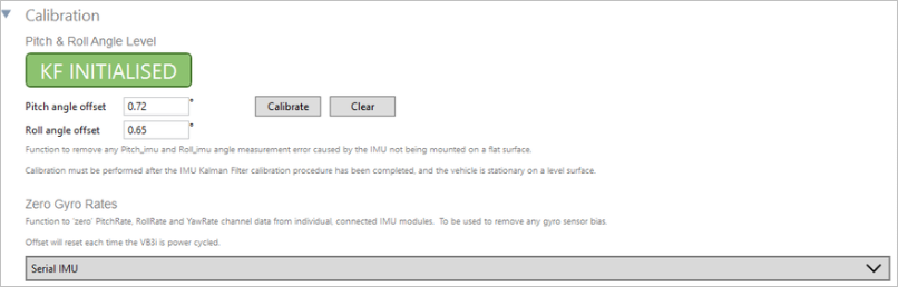 Cropped screenshot of the Calibration settings area with a green text box stating KF INITIALISED.