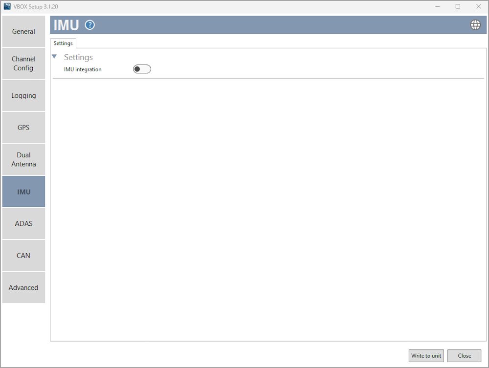 Screenshot of the IMU menu in VBOX Setup software when connected to a VBOX 3i ADAS, with IMU disabled.