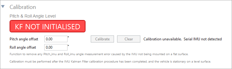 Cropped screenshot of the Calibration settings area with a red text box stating KF NOT INITIALISED.