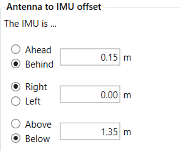Cropped screenshot of the Antenna to IMU Offset settings.