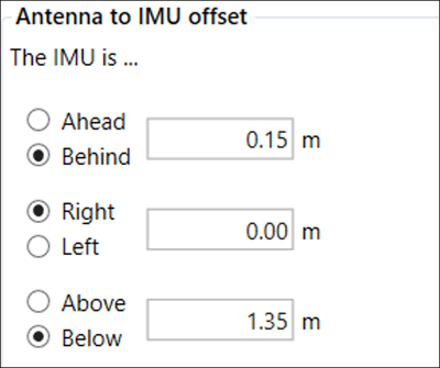 Cropped screenshot of the Antenna to IMU Offset settings.