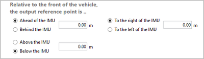 Cropped screenshot of the settings area for entering the offset between the IMU and the front of the vehicle.