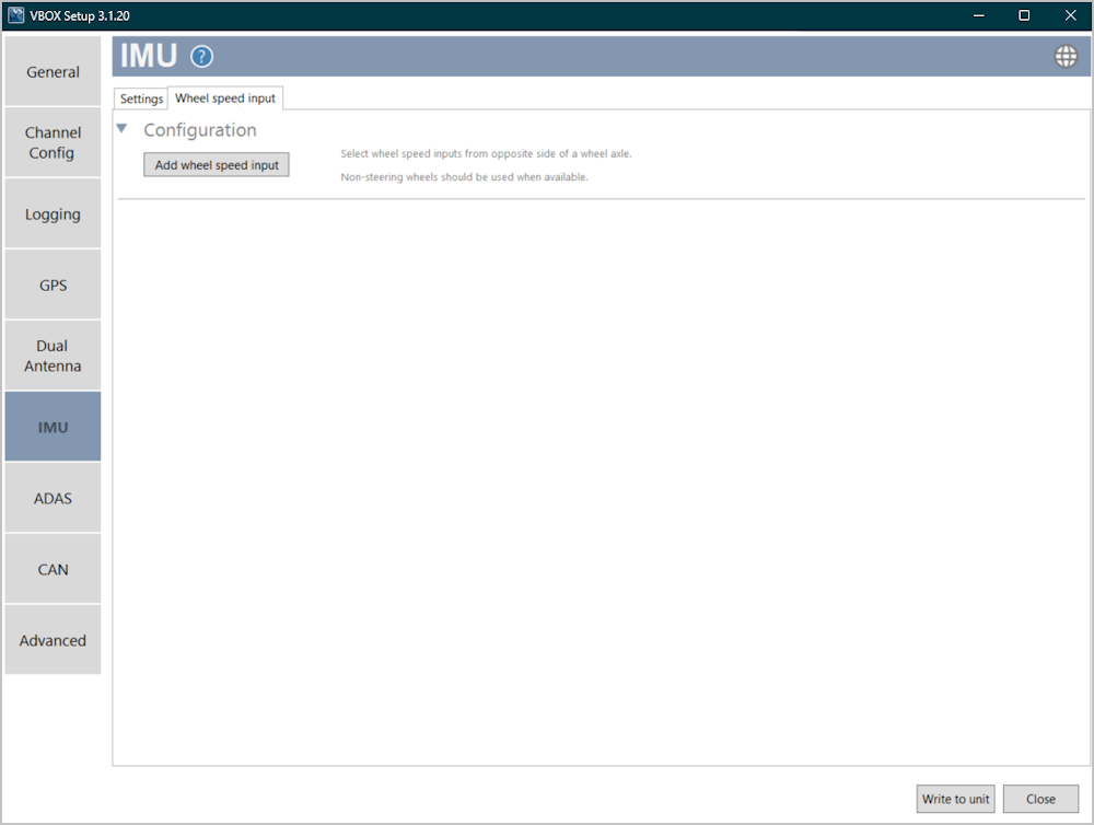 Screenshot of the Wheel Speed Input tab with no selected inputs.