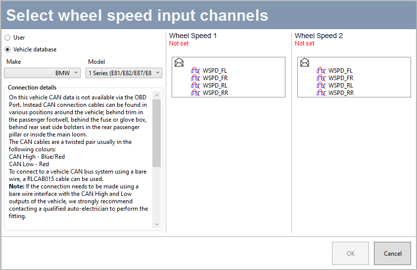 Screenshot of the Wheel Speed Input Channel selector screen.