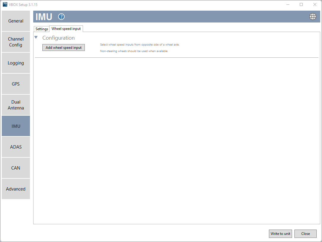 Screenshot of the Wheel Speed Input tab of the IMU menu in VBOX Setup when connected to a VBOX 3i ADAS and IMU04.