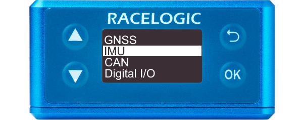 Illustration of VBOX Omega showing the main menu with IMU highlighted.