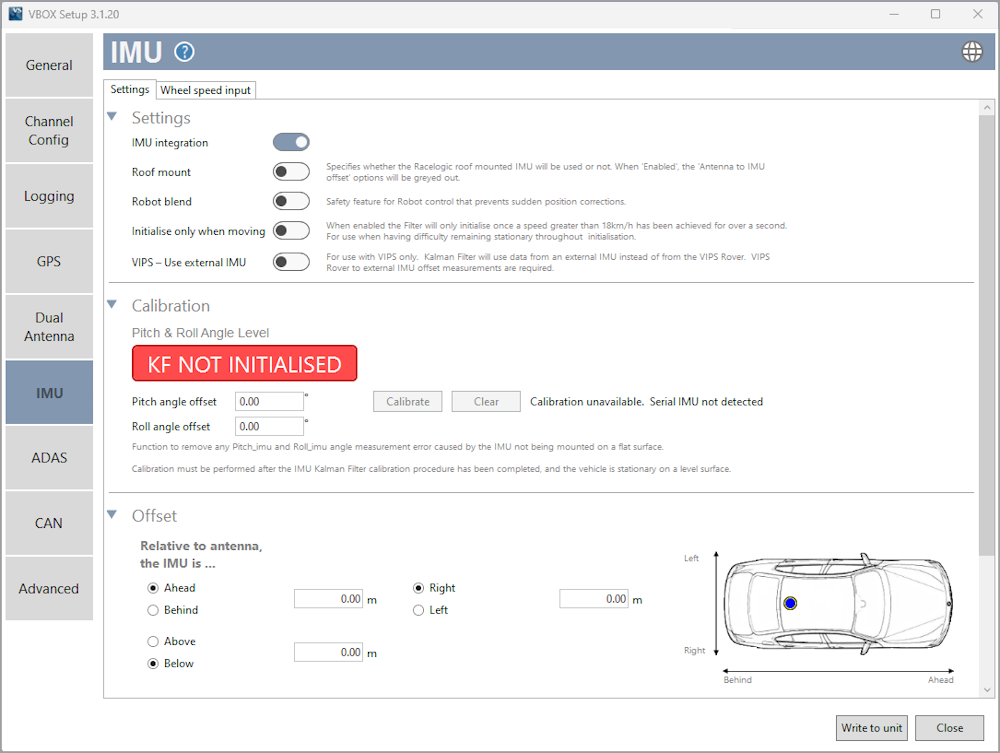 Screenshot of the IMU menu in VBOX Setup software when connected to a VBOX 3i ADAS, with IMU enabled. 
