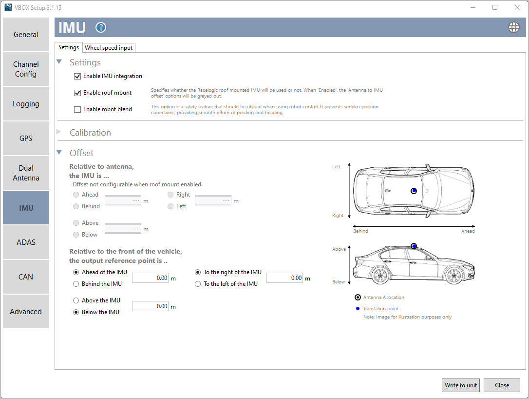 Screenshot of the IMU menu in VBOX Setup Software when connected to a VBOX 3i ADAS and IMU04.