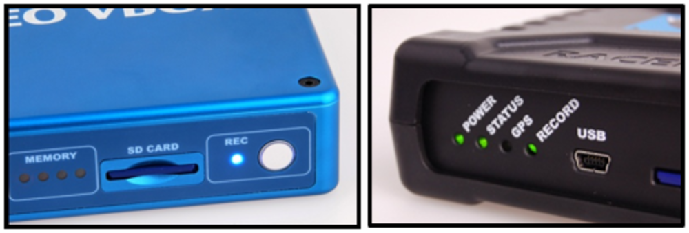 Photographs depicting the illuminated REC LEDs with the Video VBOX Pro on the left and the Video VBOX Lite on the right.