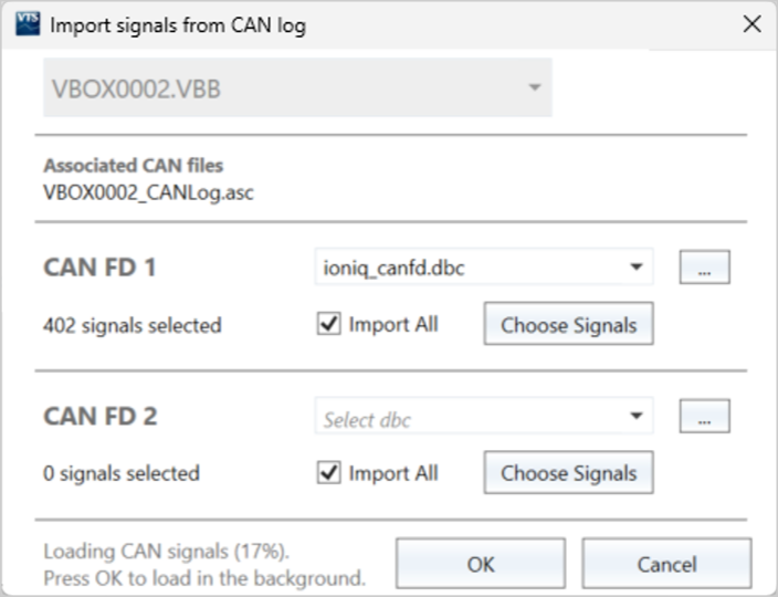 Import signals from CAN log dialogue in VBOX Test Suite.