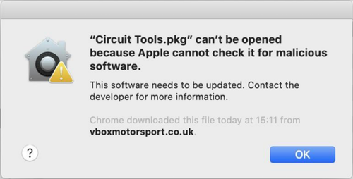 Screenshot of the warning message popup window advising that the installation of Circuit Tools is blocked. 
