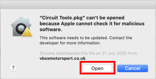 Screenshot of the Installation is Blocked popup window with Open highlighted.