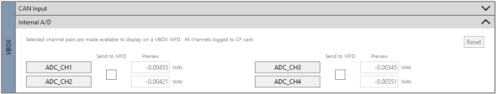 Cropped screenshot of the Internal A/D channel properties in VBOX Setup.