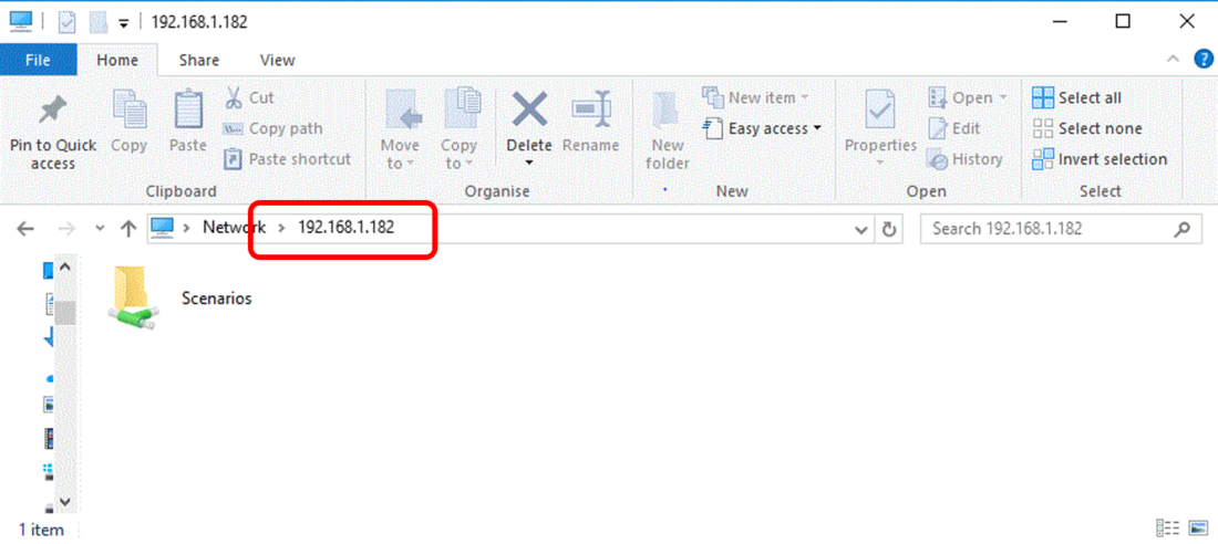 Windows File Explorer window showing access to a network share at \\192.168.1.182 containing the Scenarios folder.