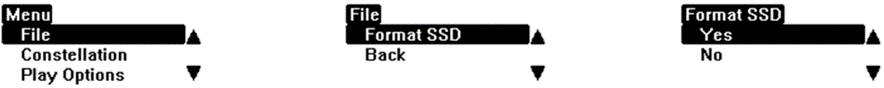 Sequence of LabSat menu screens showing navigation to the SSD format option and confirmation selection.