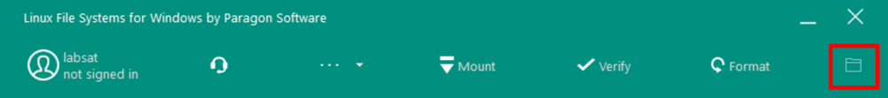 Linux File Systems for Windows toolbar highlighting the file browser/open drive button.