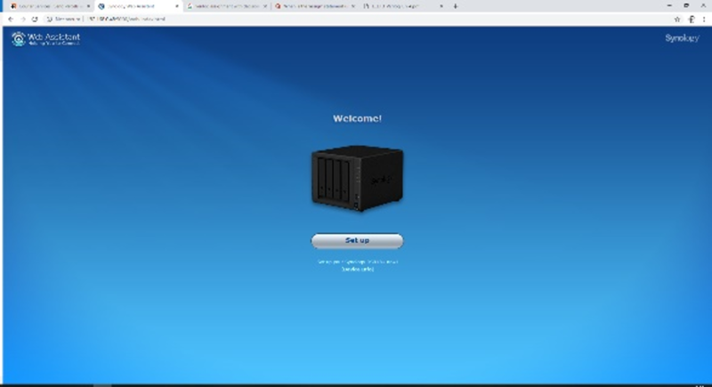 Synology NAS web setup page displaying the initial configuration welcome screen.