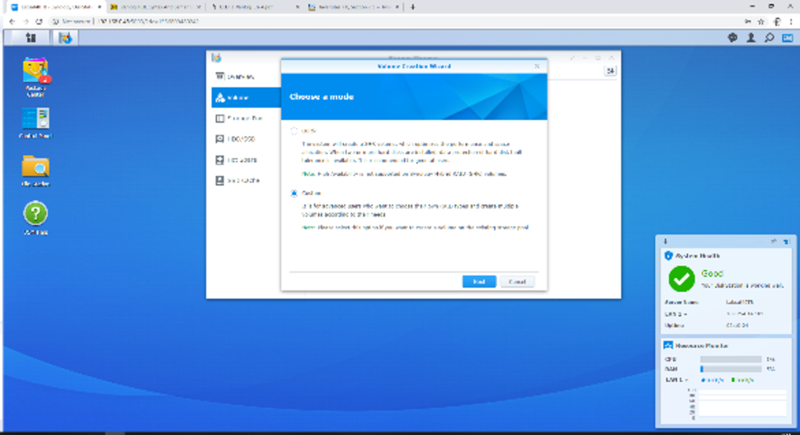 Synology DSM desktop interface displaying the Volume Creation Wizard for configuring storage volumes.