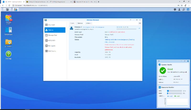 Synology DSM Storage Manager interface displaying volume status and storage pool information.