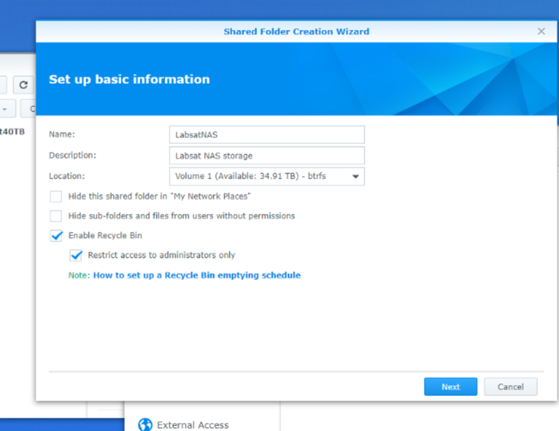 Synology Shared Folder Creation Wizard showing basic shared folder configuration settings.