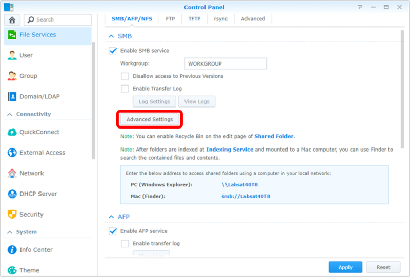 Synology DSM File Services settings with the SMB Advanced Settings button highlighted.