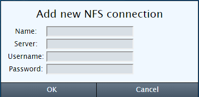 Add new NFS connection dialog with fields for connection name, server address, username, and password.