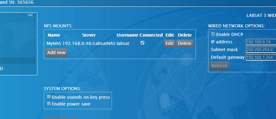 LabSat 3 Wideband network settings screen showing configured NFS mounts, wired network settings, and system options.