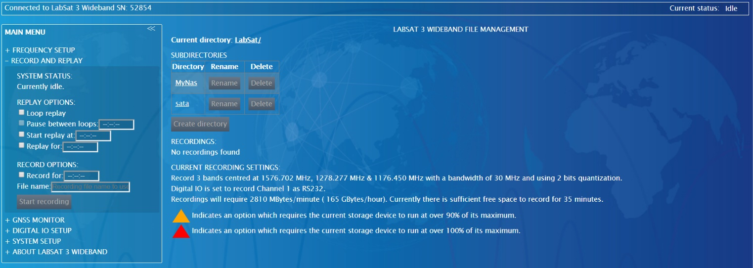 LabSat 3 Wideband file management screen showing available storage directories, replay options, recording settings, and estimated storage usage.