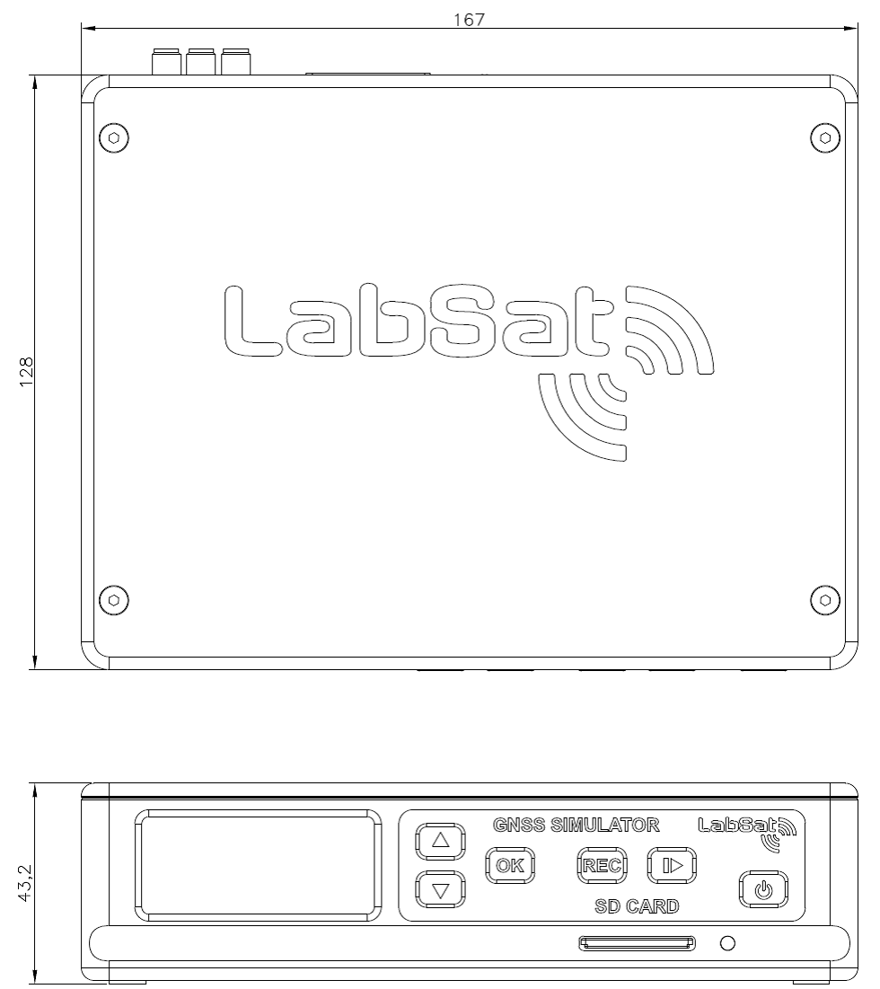 Dimensioned mechanical drawing of a LabSat 3 GNSS simulator showing front and top views with overall device dimensions.
