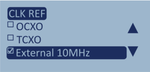 Screenshot of the CLK REF Menu with External 10MHz highlighted and enabled.