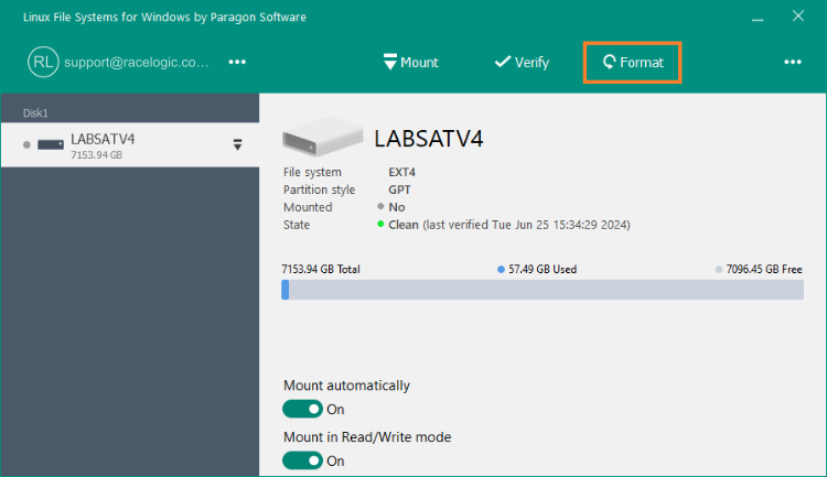 Screenshot of LabSat 4 connected to Paragon - Format button highlighted.