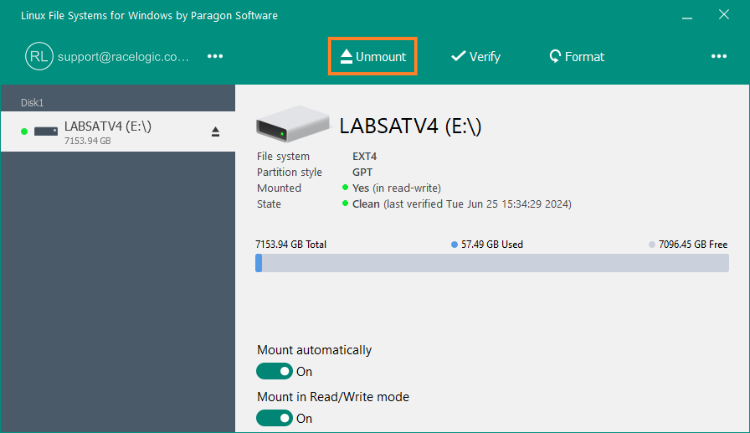Screenshot of LabSat 4 connected to Paragon - Unmount button highlighted