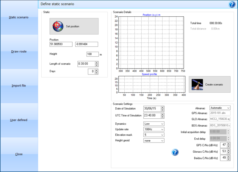 SatGen software window configured for creating a static GNSS scenario with fixed position coordinates, scenario duration, altitude, and satellite simulation settings.