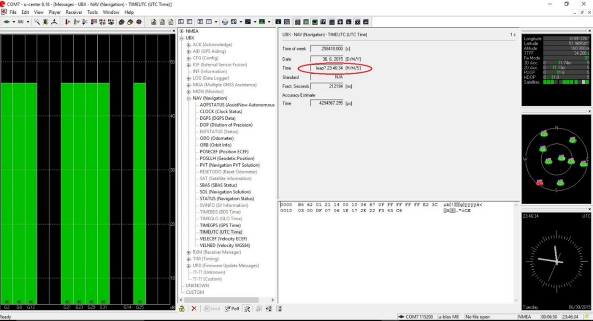 u-blox u-center application showing TIMEUTC (UTC Time) options with the Time option highlighted.