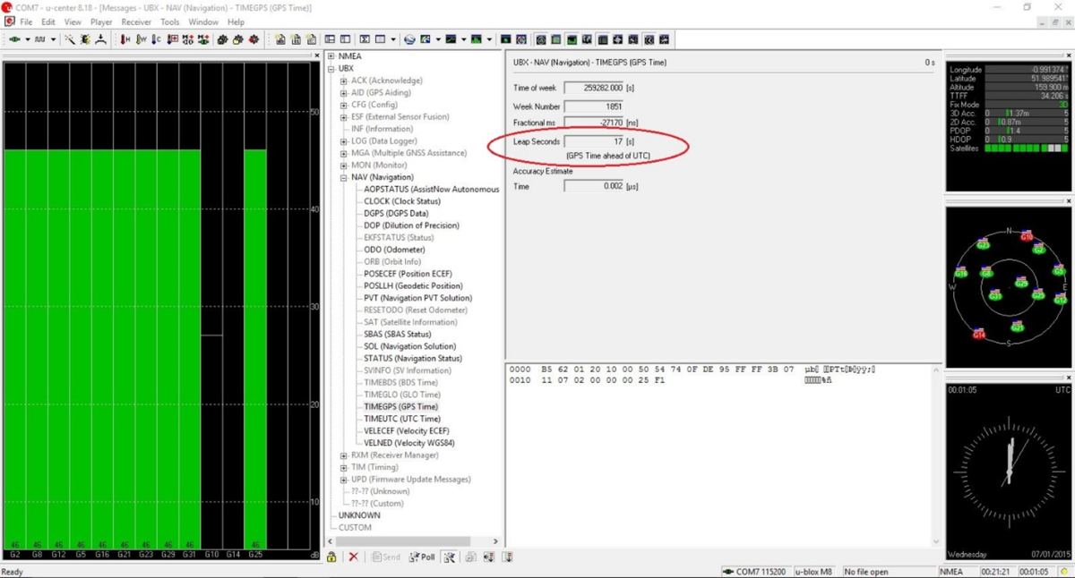 u-blox u-center application showing TIMEGPS (GPS Time) options with the option highlighted after increasing from 16 to 17.