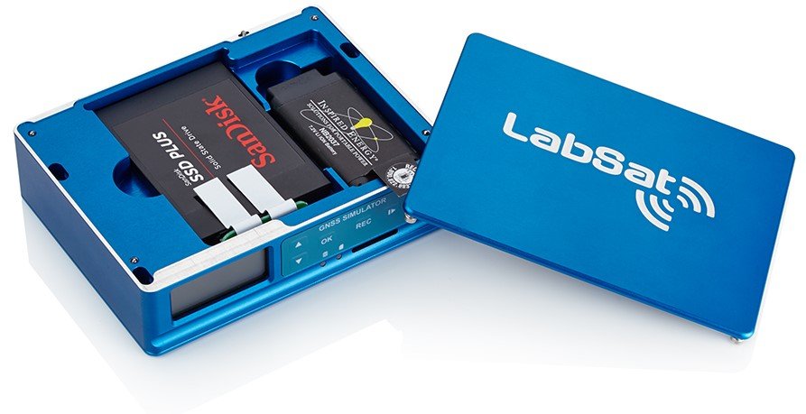 Labsat 3 Wideband unit with lid off so that the SanDisk SSD and battery is visible.