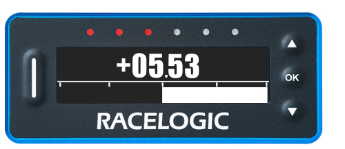 VBOX LapTimer showing Predictive Lap Timing Mode with current lap time more than 5 seconds slower than the reference lap, indicated by 3 red LEDs and the time value. 