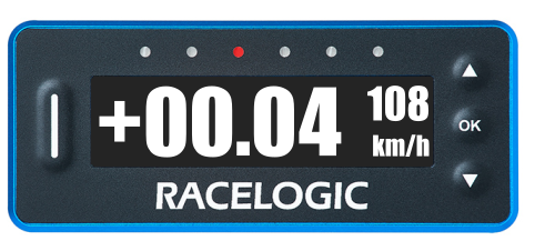 VBOX LapTimer showing the default Predictive Lap Timing Display with Delta-V active and the 3rd LED illuminated red to indicate that the current lap is slightly slower than the reference lap.