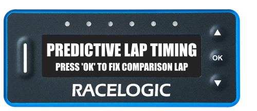 VBOX LapTimer showing "Predictive Lap Timing - Press 'OK' to fix comparison lap" screen.