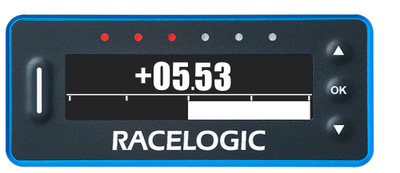 VBOX LapTimer showing Predictive Lap Timing Mode with current lap time more than 5 seconds slower than the reference lap, indicated by 3 red LEDs and the time value. 